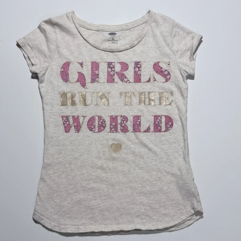 Old Navy Girls Run The World Graphic T-Shirt Cream Pink Gold Sz 8 M Regular